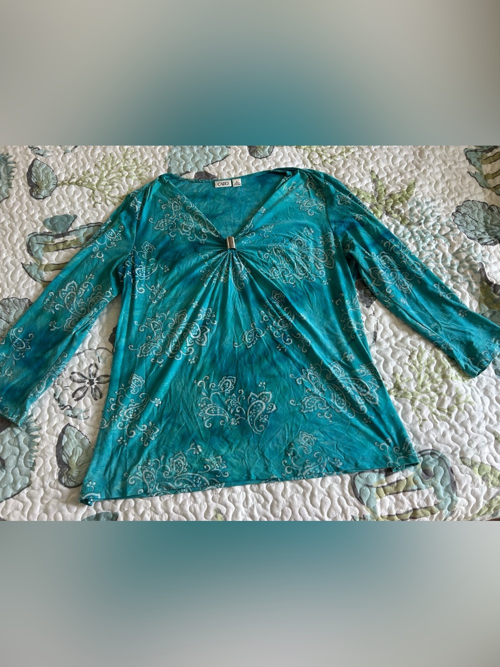 Cato Teal Paisley-Print V-Neck Tunic with Silver Accent